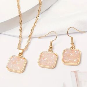 Dazzling Pink Druzy Gold Toned Necklace & Earrings Set
